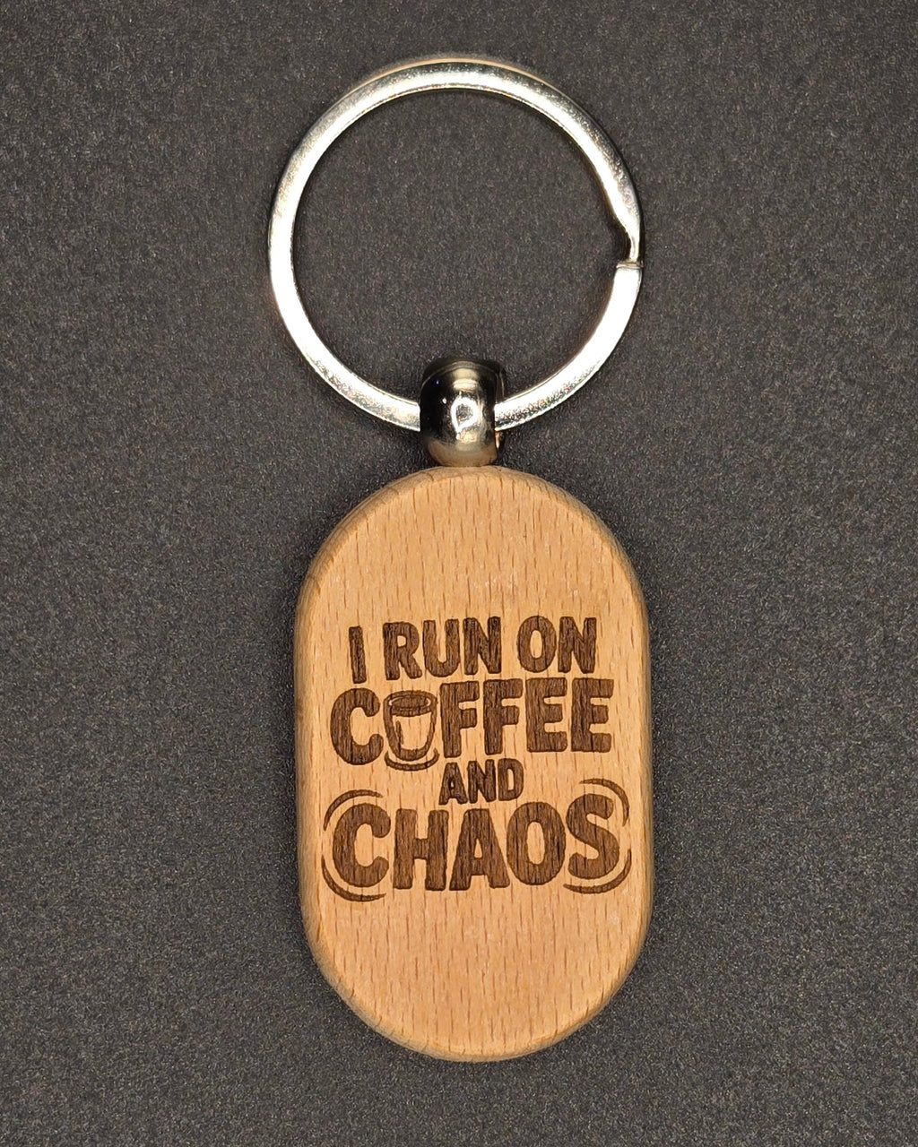 Coffee and Chaos Laser Engraved Wooden Keychain — Funny Gift for Coffee Lovers