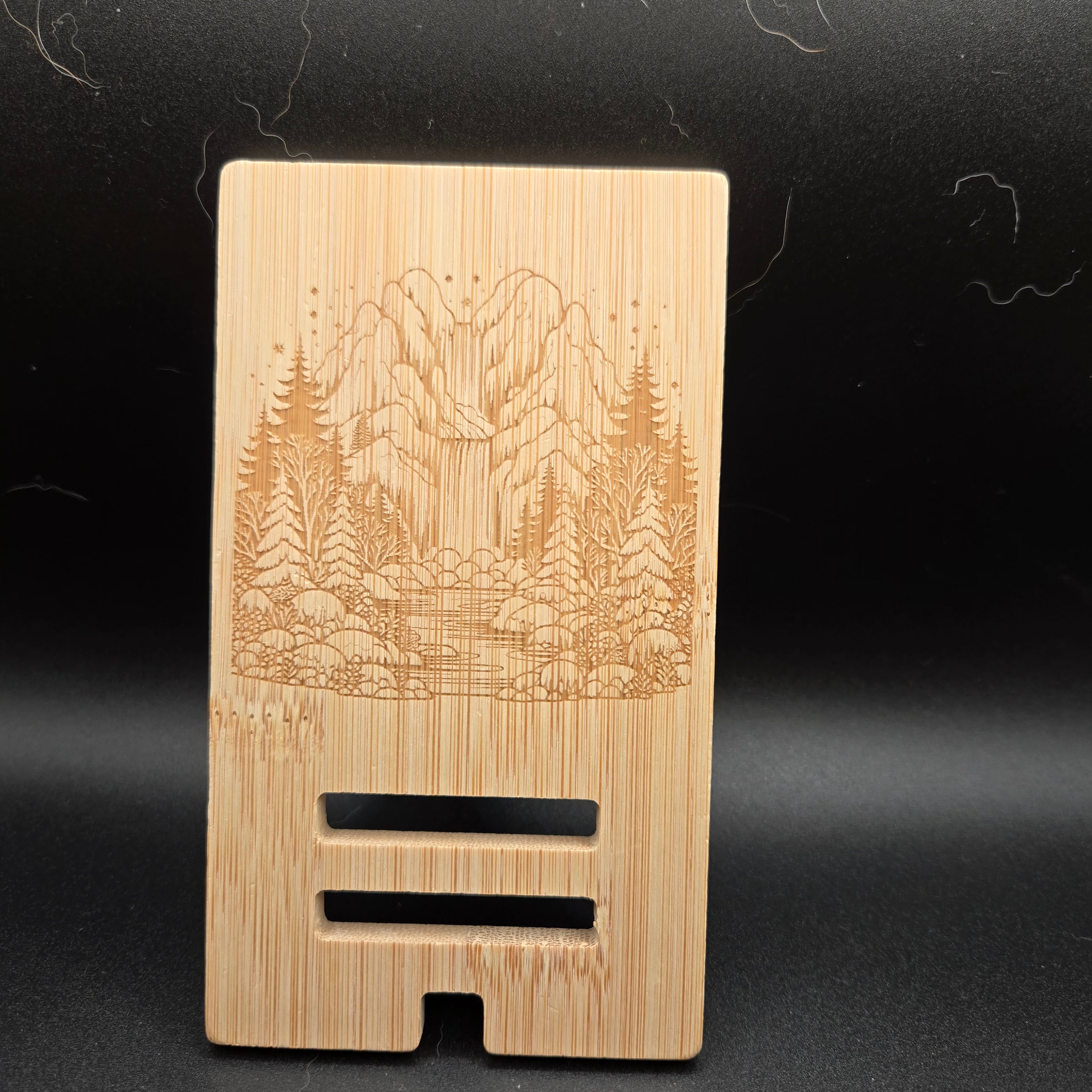 Custom Laser Engraved Bamboo Phone Stand — Personalized Desk Accessory