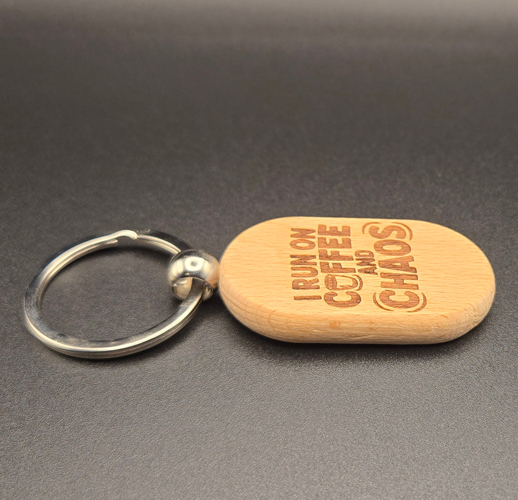 Coffee and Chaos Laser Engraved Wooden Keychain — Funny Gift for Coffee Lovers