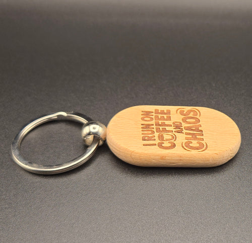 Coffee and Chaos Laser Engraved Wooden Keychain — Funny Gift for Coffee Lovers